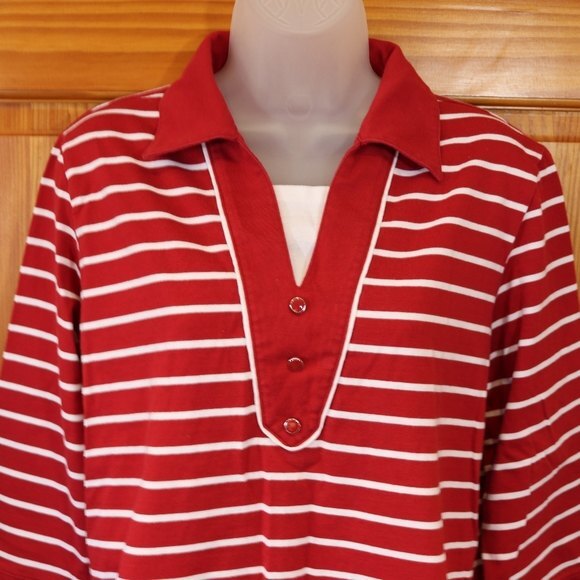 Drapers & Damon's Red   Striped Layered Look Top Holiday Preppy Top Lg - Picture 3 of 11